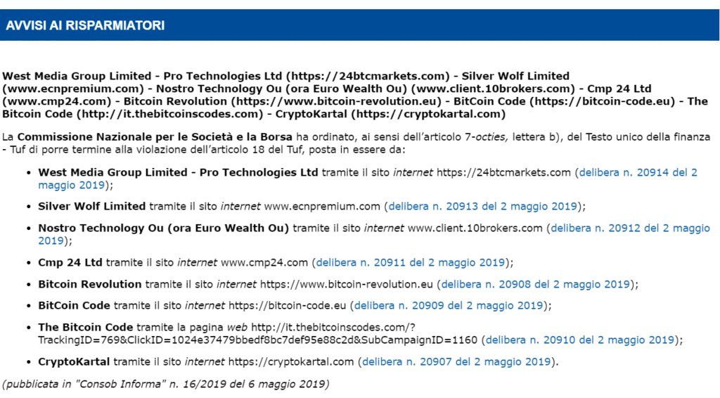 bitcoin code consob