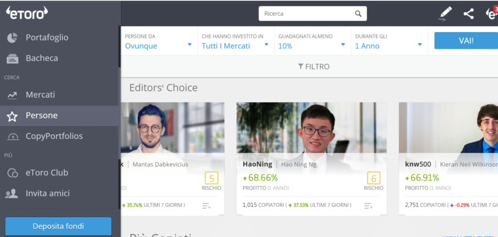 copy traders etoro - sezione riguardante questa funzionalit.