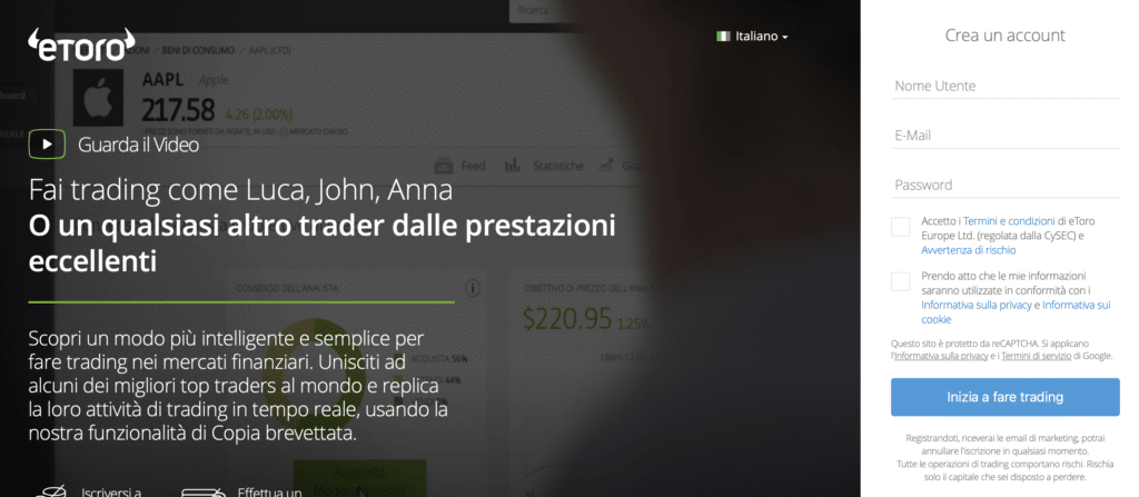 Schermata registrazione di eToro