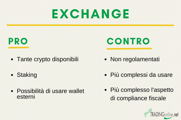 maggiori pro e contro nell'utilizzo di un exchange per comprare criptovalute rispetto a un broker online