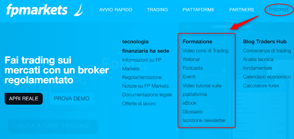 La sezione Corsi di Trading di FP Markets è presente in "RISORSE"