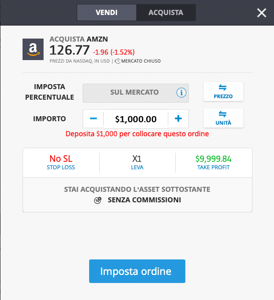 Compra azioni AMZ con CFD eToro 