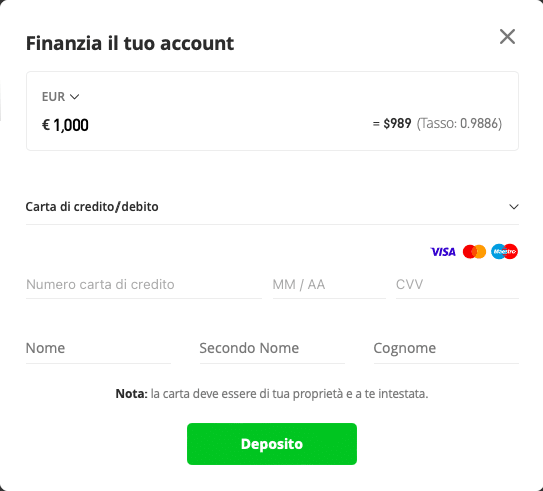 Deposita fondi per attivare il tuo conto di CFD trading