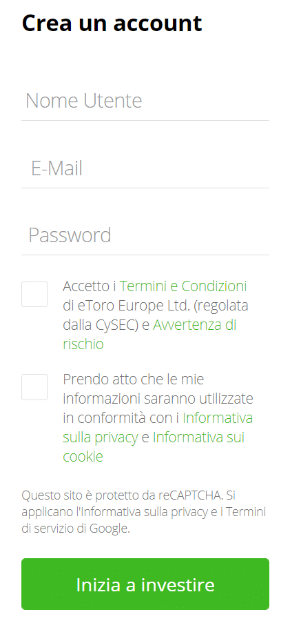 Per iniziare a usare una piattaforma di trading bastano nome utente email e password