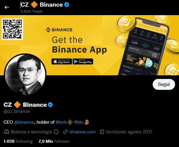 Changpeng Zhao su Twitter - Fondatore di Binance
