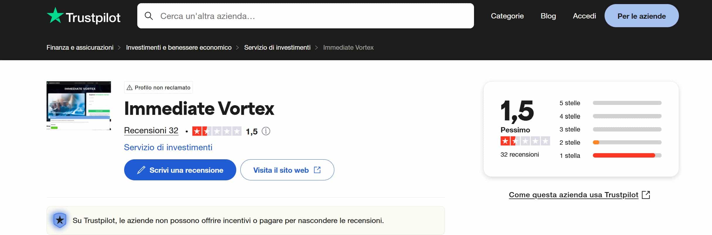 Immediate Vortex TrustPilot recensioni
